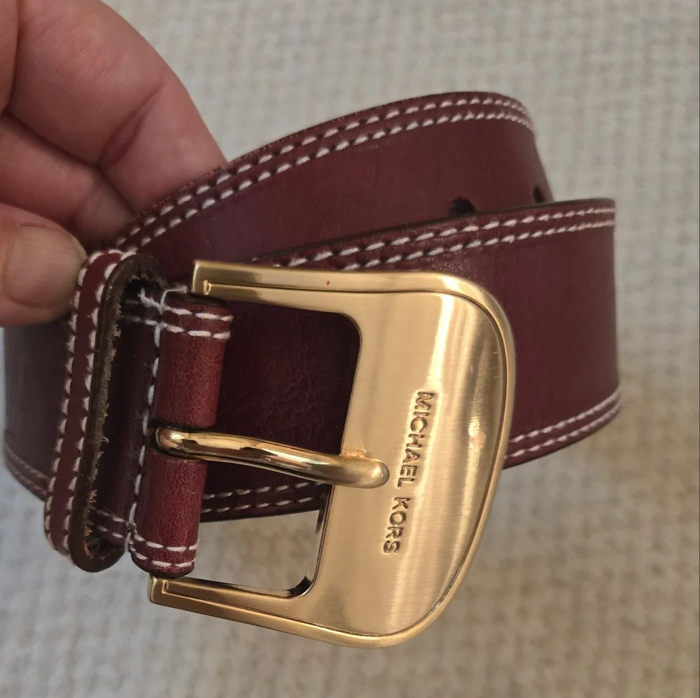 Michael Kors Womens Belt Small 29 Burgundy Brown Leather Goldtone Buckle